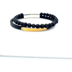 Heren armband - Armband Leer - Kralen Armband - Zwart met Goud - Armband met magnetische sluiting - Stainless steel - Valentijn cadeautje voor hem