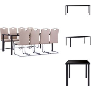 vidaXL Eetset Eettafel - Gehard Glas - Metaal - 200x100x75 cm - Zwart 8x Tuinstoel - Kunstleer - Staal - 42x52x100 cm - Cappuccino - Set tafel en stoelen
