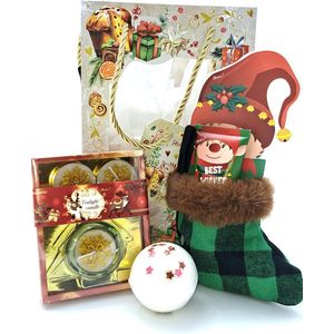 Kerst Cadeaupakket voor Vrouw, Moeder, Vriendin of Collega – Bruisballen, Voetcrème ""Suikerpruim"" & Theelichtje – Geschenkdoos