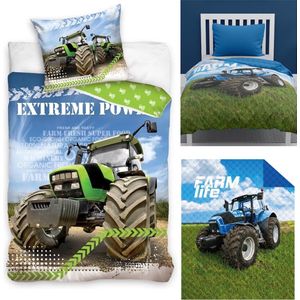 Dekbedovertrek Tractor - 1 persoons - 100% katoen - afmeting 140x200 cm - inclusief bedsprei