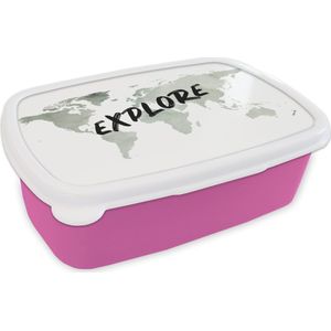 Broodtrommel Roze - Lunchbox - Brooddoos - Wereldkaart - Quote - Waterverf - 18x12x6 cm - Kinderen - Meisje