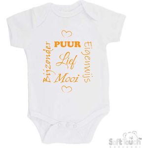 100% katoenen Romper ""Puur Eigenwijs Mooi Bijzonder Lief"" Unisex Katoen Wit/mosterd Maat 62/68