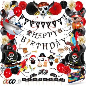 Fissaly Piraten Feestartikelen Verjaardag Decoratie Feest Set – Piratenfeest Versieringen - Kinderfeestje Jongen & Meisje – Incl. Ballonnen, Piratenschip, Slingers, Verkleedkleren, Tattoos & Accessoires