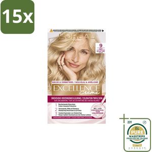 15 x L'Oréal Paris - Excellence Crème - Zeer Lichtblond 9 - Haarverf - Permanente Haarkleuring - Grootverpakking - Haarverf - Grijsdekking - Permanente Haarkleuring - Zeer Lichtblond - Haarverf Grijsdekking