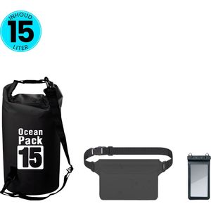 Somstyle 3-in-1 Drybag Set 15 Liter - Droog Tas, Heuptas & Telefoonhoes Waterdicht - Outdoor, Vakantie, Travel & Zwemmen - Zwart