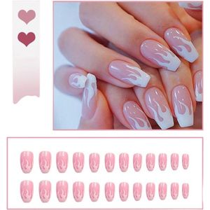 Gsedaox-Plaknagels French Manicure- Zelfklevende Plaknagels- Nepnagels- Nail Art- Semitransparante Roze Vlam