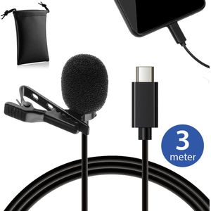 MOJOGEAR Speldmicrofoon met USB-C-aansluiting - 3 meter kabel - Dasspeld microfoon voor Android Smartphones / iPhone 15 / USB C Tablets - Zwart