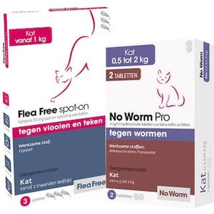 Bundel: Vlo, teek en ontwormen - Kat 1-2 kg - Flea Free Spot-on en No Worm Pro