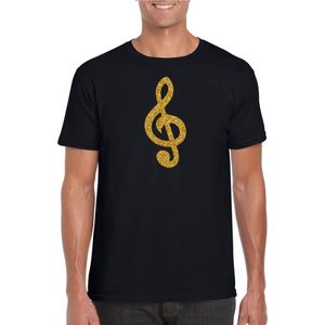 Gouden muzieknoot G-sleutel / muziek feest t-shirt / kleding - zwart - voor heren - muziek shirts / muziek liefhebber / outfit L