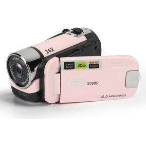 1080P HD Digitale Camera, 16x Zoom Vlog Videocamera Camcorder met 2,4 Inch Draaibaar Scherm voor Fotografie, Draagbare 16MP Selfiecamera met Invullicht voor Reisopname (PINK) - 32 GB