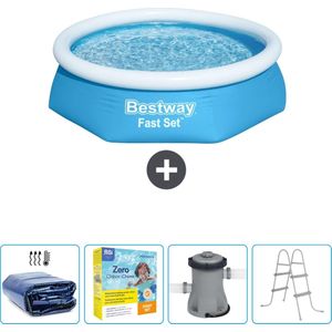 Bestway Rond Opblaasbaar Fast Set Zwembad - 244 x 61 cm - Blauw - Inclusief Solarzeil - Onderhoudspakket - Pomp - Ladder