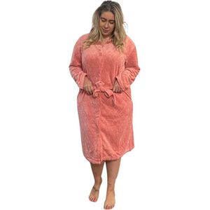 Badjas met knopen – roze badjas voor dames - dames badjas fleece – met knoopsluiting – zacht & warm - maat L
