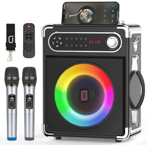 Draagbare karaoke machine met draadloze microfoons, Bluetooth-luidspreker met bas/treble aanpassing, afstandsbediening en LED-verlichting