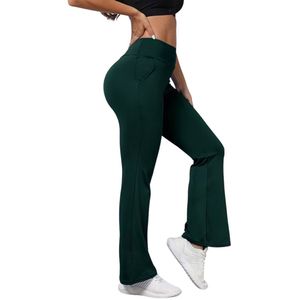 HORIZON Flared Broek met Zakken - Dames Legging - PETIT Pijplengte - Casual Flare Pants - Broek met Zakken - Stijlvol & Sportief - Rekbaar - Zachte stof - Groen - Maat S