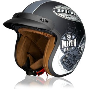 HSWHEEL Jethelm met UV-beschermend Vizier | Wasbaar & Verstelbaar | Scooterhelm & Motorhelm & Brommerhelm | Voor Heren & Dames | ECE 22.06 Goedgekeurd | Vintage Stijl | Mat grijs met vintage print – XXL