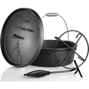Wildor® Nederlandse Ovenpot Met Deksel - 5.8 Liter Gietijzeren pan - 4-6 personen - Incl. deksellifter en standaard - Stoofpot - Fonduepot - Platte bodem - Anti Hitte Spiraalvormig Handvat - Voor binnen en buiten - Braadpannen - Bakpan - Kookpan