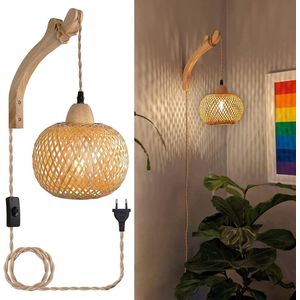 D&B Lamp - Wandlamp - Vintage - Nachtkastlamp - Rotan Lampenkap - Hout - E27 - Bamboe lantaarn - Slaapkamer - Woonkamer - Kleur Rotan