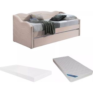 Vente-unique Uitschuifbare slaapbank 2 x 90 x 190 cm - Velours - Roze + matras - LENVIA L 207 cm x H 81.2 cm x D 96.5 cm