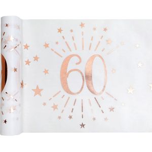 Santex Tafelloper op rol - 2x - 60 jaar verjaardag - polyester - wit/rose goud - 30 x 500 cm