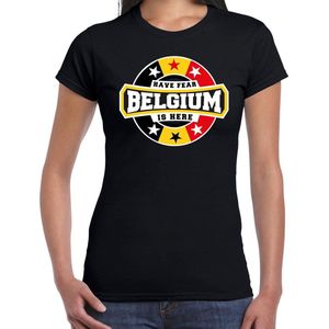 Have fear Belgium is here t-shirt met sterren embleem in de kleuren van de Belgische vlag - zwart - dames - Belgie supporter / Belgisch elftal fan shirt / EK / WK / kleding XS