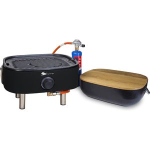 Deluxe Mini draagbare Gas BBQ - Zwart - met propaanpatroon Bernzomatic - gietijzeren grill - met slang en regelaar - snijplank