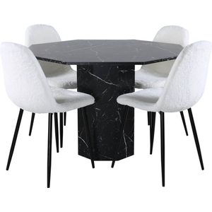 Marbs eethoek eetkamertafel zwart marmer decor en 4 Polar Fluff eetkamerstal Teddy wit.