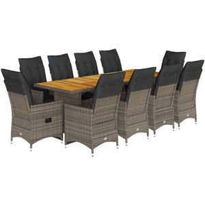 vidaXL 11-delige Bistroset met kussens poly rattan grijs - Bistroset - Bistrosets - Loungeset - Tuinset