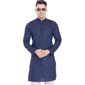 Heren pailletten spiegel geborduurd katoen zijde mix slim fit kurta