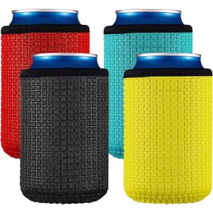 Tin Covers Insulation Stand Non-Slip Sleeve Neoprene Cooler Beverage Cooler for Beer Cola Etc - Pack of 4 (Black Red Yellow Blue)