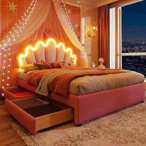 Gestoffeerd bed - 140 x 200cm - zonder matras - Sfeerverlichting - Prinsessenbed in kroonvorm - verstelbaar hoofdeinde - PU - Roze