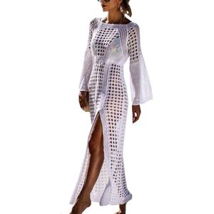 Gebreide Strandjurk voor Dames met Lange Mouwen en Hoge Split - Zomer Maxi-Jurk en Bikini Cover-Up
