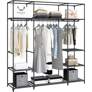 Vrijstaande kledingkast met kledingrails, kledingrek, stoffen planken, metalen frame, 3 kledingrails met 9 compartimenten, 43 x 162 x 176 cm, zwart.