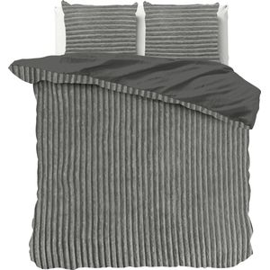 Knuffelzachte teddystof dekbedovertrek Stripes grijs - 200x200/220 (tweepersoons) - heerlijk slapen - cosy look - luxe kwaliteit - met handige drukknopen