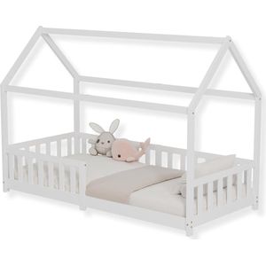 Kinderbed met valbescherming en lattenbodem voor kinderen - 90 x 200 cm en 80 x 160 cm, wit/naturel