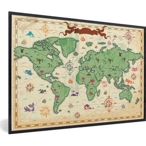 Wereldkaart - Kinderen - Piraten - Vintage - Jongens - Meisjes - Kids - Schoolplaat - Kinderkamer - 90x60 cm