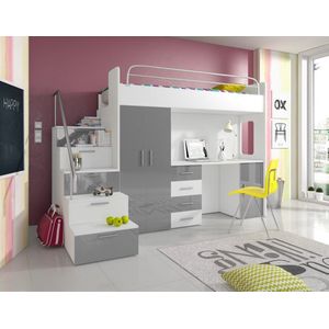 Raj 4S jeugdset - wit/grijze glans - bureau - kledingkast - Stapelbed - bed 80 x 200 cm -Maxi Maja