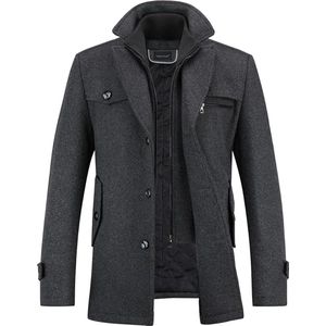 Winterjas voor heren, middellang, dikke wollen trenchcoat, gewatteerde voering, normale pasvorm, militaire jekker