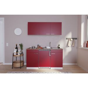 Goedkope keuken 150  cm - complete kleine keuken met apparatuur Luis - Wit/Rood - keramische kookplaat  - koelkast  - mini keuken - compacte keuken - keukenblok met apparatuur