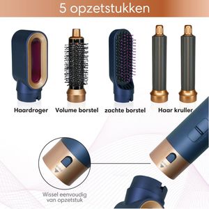 Airstyler Krultang 5 in 1 - Multistyler Föhnborstel - Kort & Lang Haar - Blauw Goud