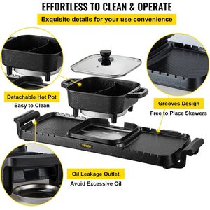 Elektrische BBQ - Pan Grill en Hot Pot - Krachtig 2400W - Draagbaar en Rookvrij - Afneembare Anti-aanbaklaag - BBQ - Gourmet - Grill - Kookgerei - Koken - Grillen