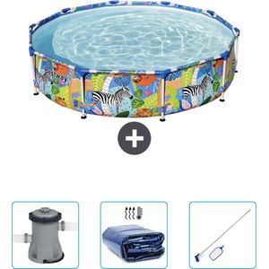 Bestway Rond Steel Pro Zwembad - 305 x 66 cm - Jungleprint - Inclusief Pomp - Solarzeil - Schoonmaakset