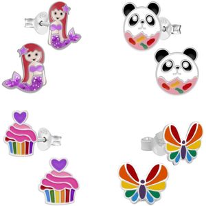 Kinderoorbellen, set van vier oorstekers van zeemeermin, panda donut, cupcake en vlinder | Oorbellen meisje