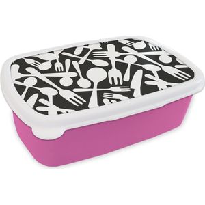 Broodtrommel Roze - Lunchbox - Brooddoos - Bestek - Patronen - Zwart Wit - 18x12x6 cm - Kinderen - Meisje