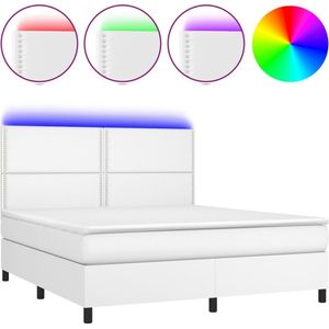 vidaXL - Boxspring - met - matras - en - LED - kunstleer - wit - 160x200 - cm