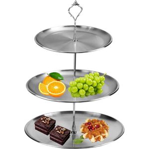 Fruitetagère van roestvrij staal, taartstandaard, 3 opbergvakken, 20 cm, 23 cm, 26 cm, perfect als fruitschaal voor fruitopslag, muffins en cupcakes