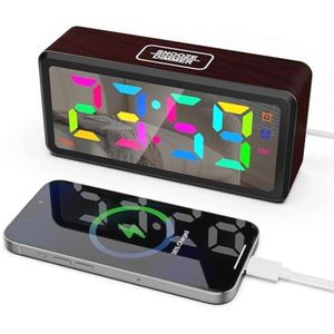 Houten LED Wekker met RGB Display, Dual Alarm en Snooze Functie voor Kinderen