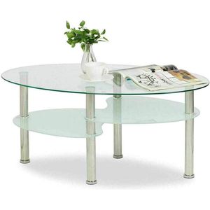 Salontafel van gehard glas, eenvoudig en elegant, salontafel voor woonkamer met metalen poten, salontafel, ovale salontafel met 2 planken (transparant + wit)