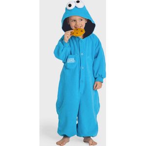 KIMU Onesie Koekiemonster Pak - Maat 128-134 - Koekiemonsterpak Kostuum Blauw Sesamstraat - Kinder Pyjama Huispak Jongen Meisje Muppet Fleece Festival