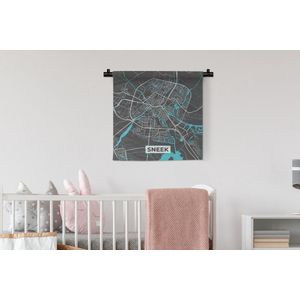 Wandkleed - Wanddoek - Plattegrond - Sneek - Grijs - Blauw - 60x60 cm - Wandtapijt - Stadskaart