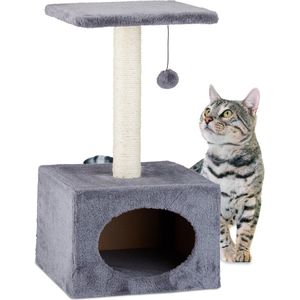 Relaxdays krabpaal voor katten - kattenkrabpaal - speelbal - kattenmand - 56 x 31 x 31 cm - grijs